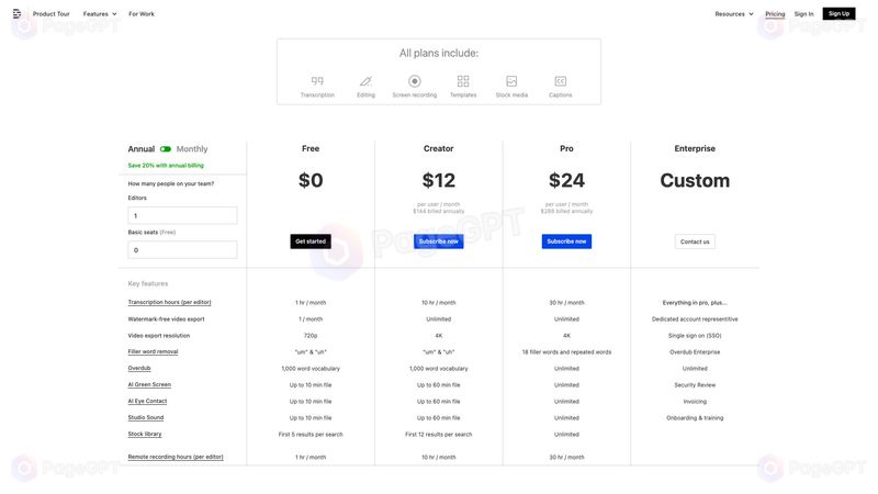 Descript screenshot Pricing