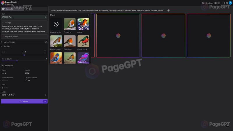 DreamStudio screenshot Choose Style