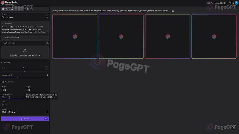 DreamStudio screenshot Prompt Strength