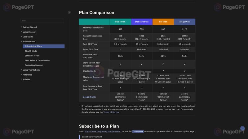 Midjourney screenshot Pricing