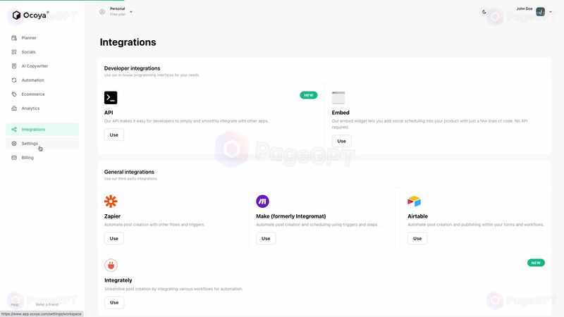 Ocoya screenshot Integrations