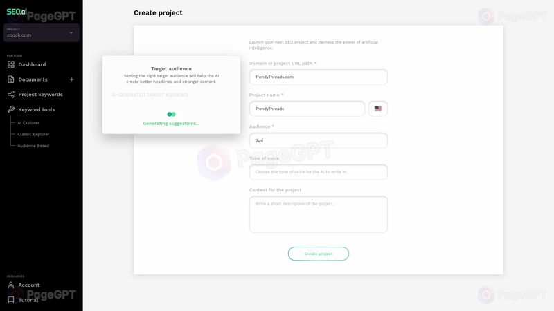 SEO.ai screenshot Create Project