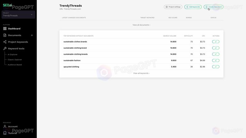 SEO.ai screenshot Dashboard