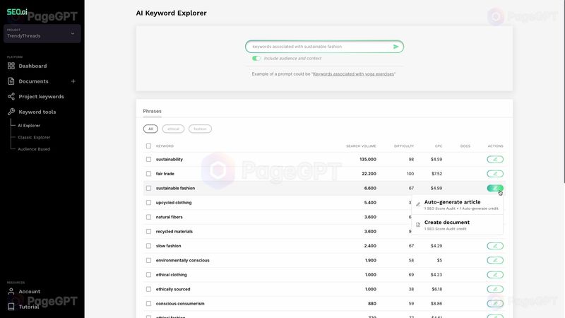 SEO.ai screenshot Keywords