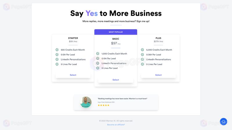 Warmer.ai screenshot Pricing