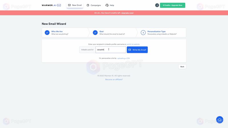 Warmer.ai screenshot Start 3