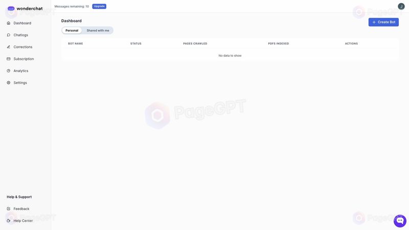 Wonderchat screenshot Dashboard